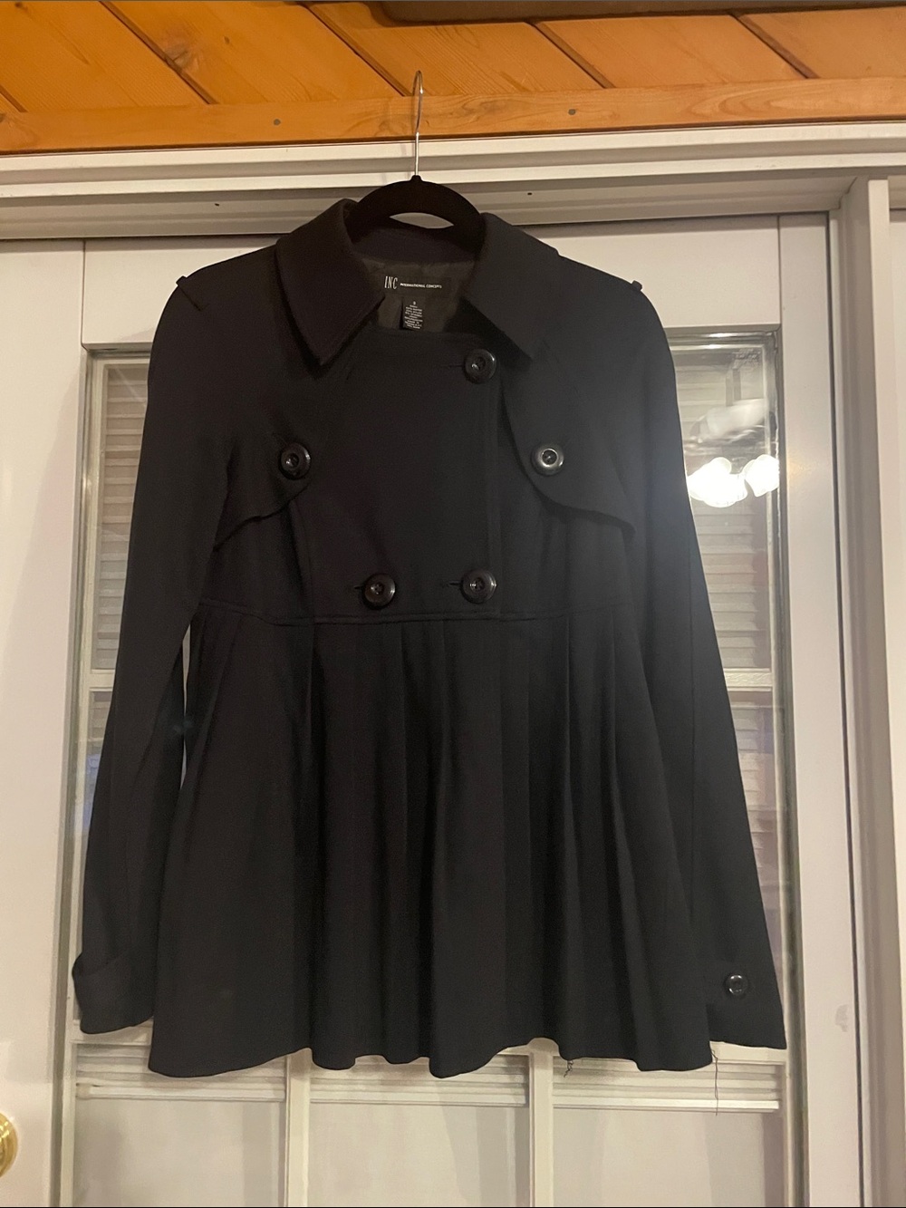 INC International Concepts Black Double-Breasted Peacoat with Pleated Flare